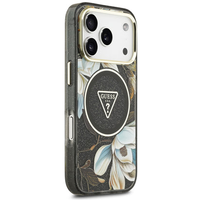 Coque MagSafe pour Apple iPhone 18 Pro Max / 17 Pro Max, Guess, IML Metal Glitter Flowers Triangle, noire