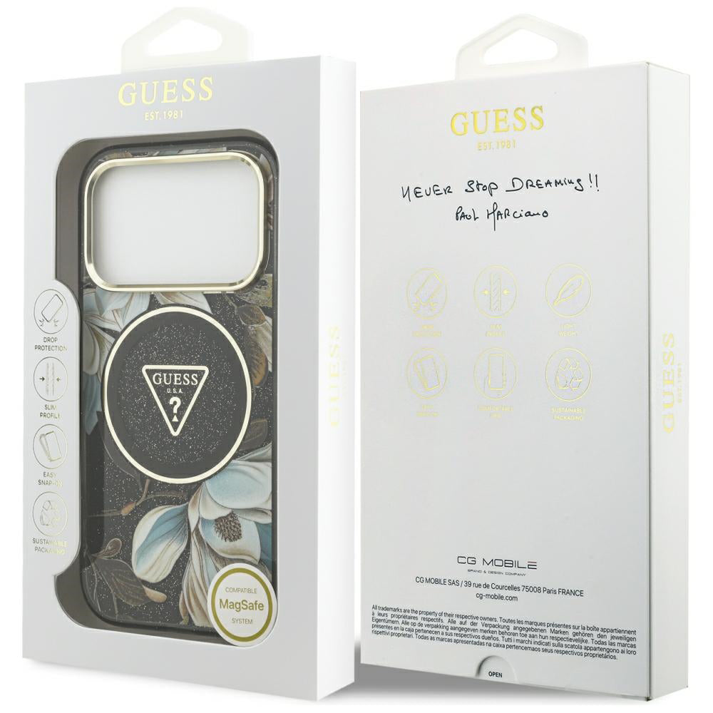 Coque MagSafe pour Apple iPhone 18 Pro Max / 17 Pro Max, Guess, IML Metal Glitter Flowers Triangle, noire