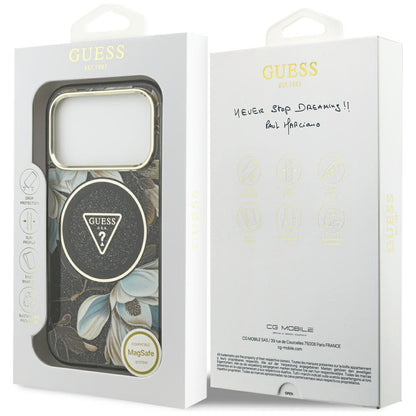 Coque MagSafe pour Apple iPhone 18 Pro Max / 17 Pro Max, Guess, IML Metal Glitter Flowers Triangle, noire