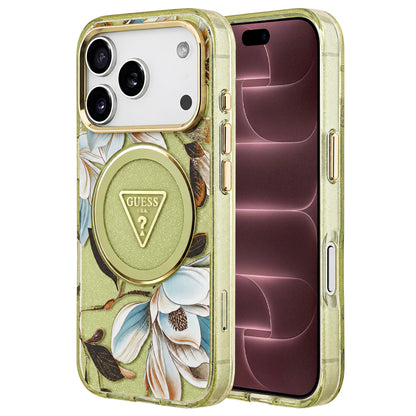 Coque MagSafe pour Apple iPhone 18 Pro Max / 17 Pro Max, Guess, IML Metal Glitter Flowers Triangle, verte