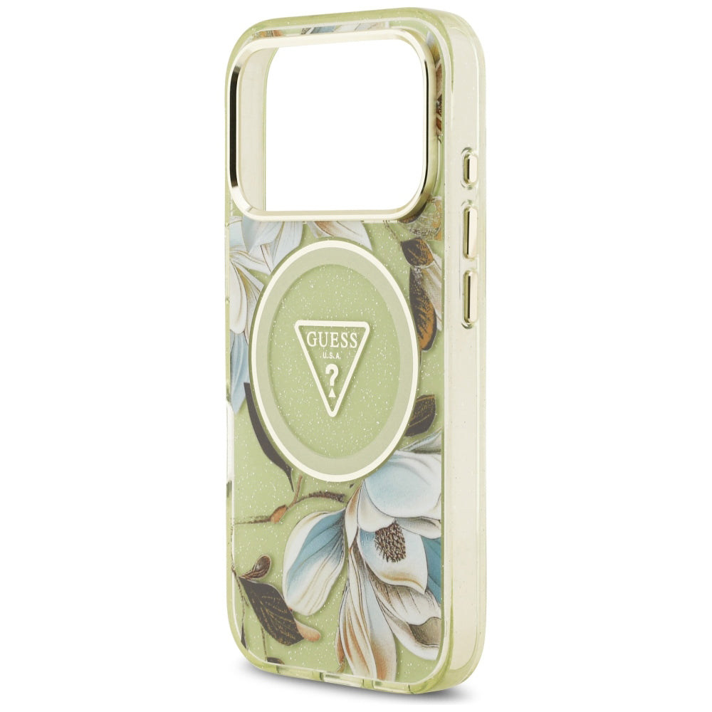Coque MagSafe pour Apple iPhone 18 Pro Max / 17 Pro Max, Guess, IML Metal Glitter Flowers Triangle, verte