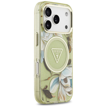 Coque MagSafe pour Apple iPhone 18 Pro Max / 17 Pro Max, Guess, IML Metal Glitter Flowers Triangle, verte