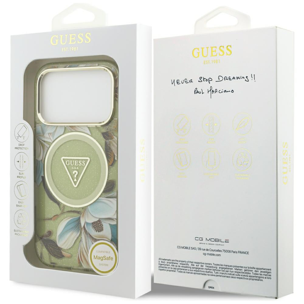 Coque MagSafe pour Apple iPhone 18 Pro Max / 17 Pro Max, Guess, IML Metal Glitter Flowers Triangle, verte
