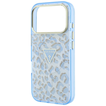 Coque MagSafe pour Apple iPhone 18 Pro Max / 17 Pro Max, Guess, Logo Triangle Paillettes Léopard, Bleu