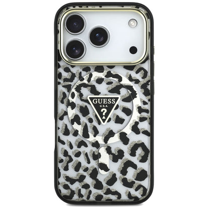 Coque MagSafe pour Apple iPhone 18 Pro Max / 17 Pro Max, Guess, Logo Triangle Paillettes Léopard, Noire