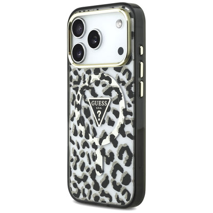 Coque MagSafe pour Apple iPhone 18 Pro Max / 17 Pro Max, Guess, Logo Triangle Paillettes Léopard, Noire