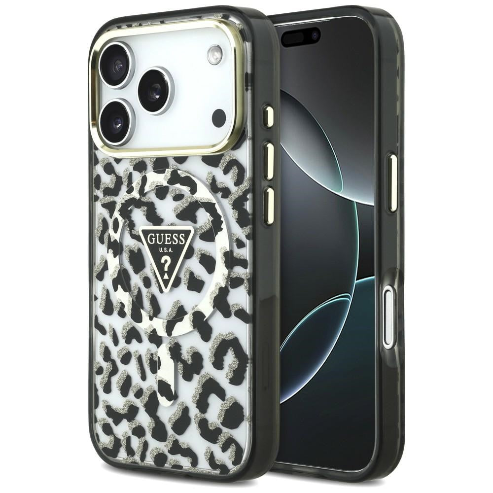 Coque MagSafe pour Apple iPhone 18 Pro Max / 17 Pro Max, Guess, Logo Triangle Paillettes Léopard, Noire
