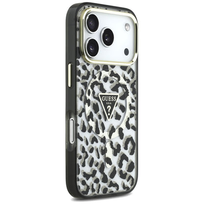 Coque MagSafe pour Apple iPhone 18 Pro Max / 17 Pro Max, Guess, Logo Triangle Paillettes Léopard, Noire
