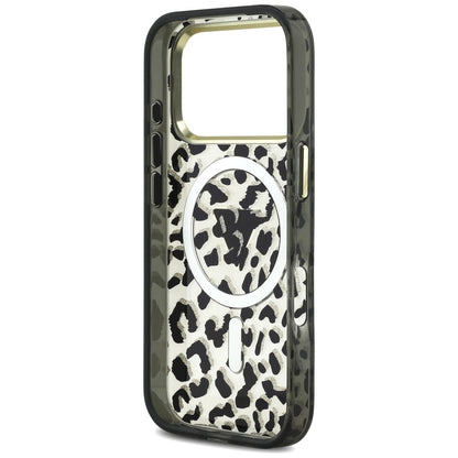 Coque MagSafe pour Apple iPhone 18 Pro Max / 17 Pro Max, Guess, Logo Triangle Paillettes Léopard, Noire