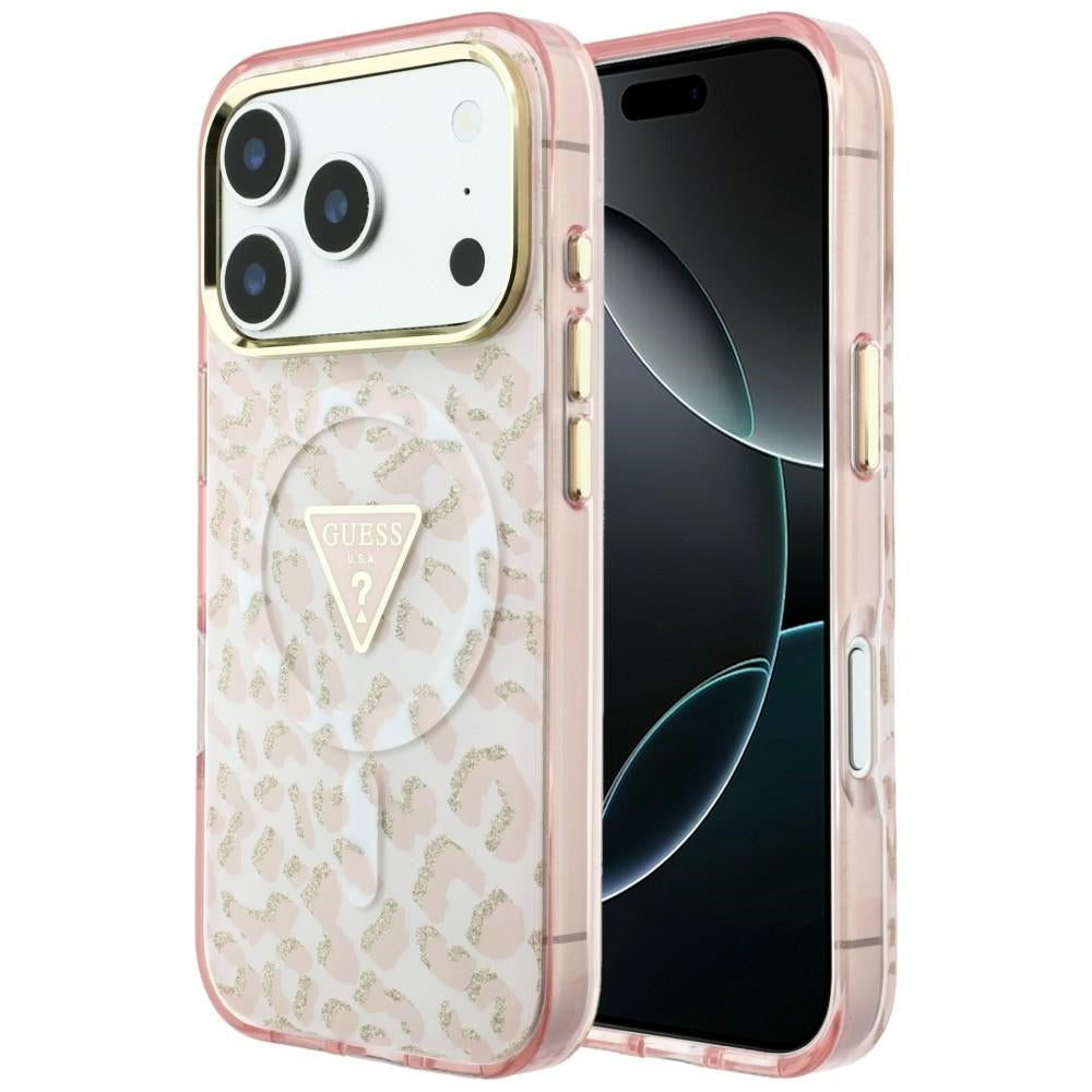 Coque MagSafe pour Apple iPhone 18 Pro Max / 17 Pro Max, Guess, Logo Triangle Paillettes Léopard, Rose
