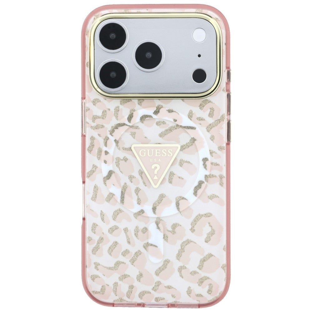 Coque MagSafe pour Apple iPhone 18 Pro Max / 17 Pro Max, Guess, Logo Triangle Paillettes Léopard, Rose