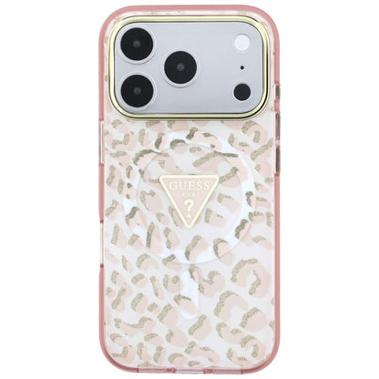 Coque MagSafe pour Apple iPhone 18 Pro Max / 17 Pro Max, Guess, Logo Triangle Paillettes Léopard, Rose