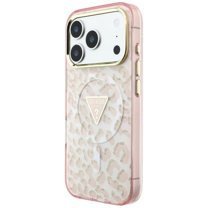Coque MagSafe pour Apple iPhone 18 Pro Max / 17 Pro Max, Guess, Logo Triangle Paillettes Léopard, Rose