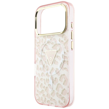 Coque MagSafe pour Apple iPhone 18 Pro Max / 17 Pro Max, Guess, Logo Triangle Paillettes Léopard, Rose