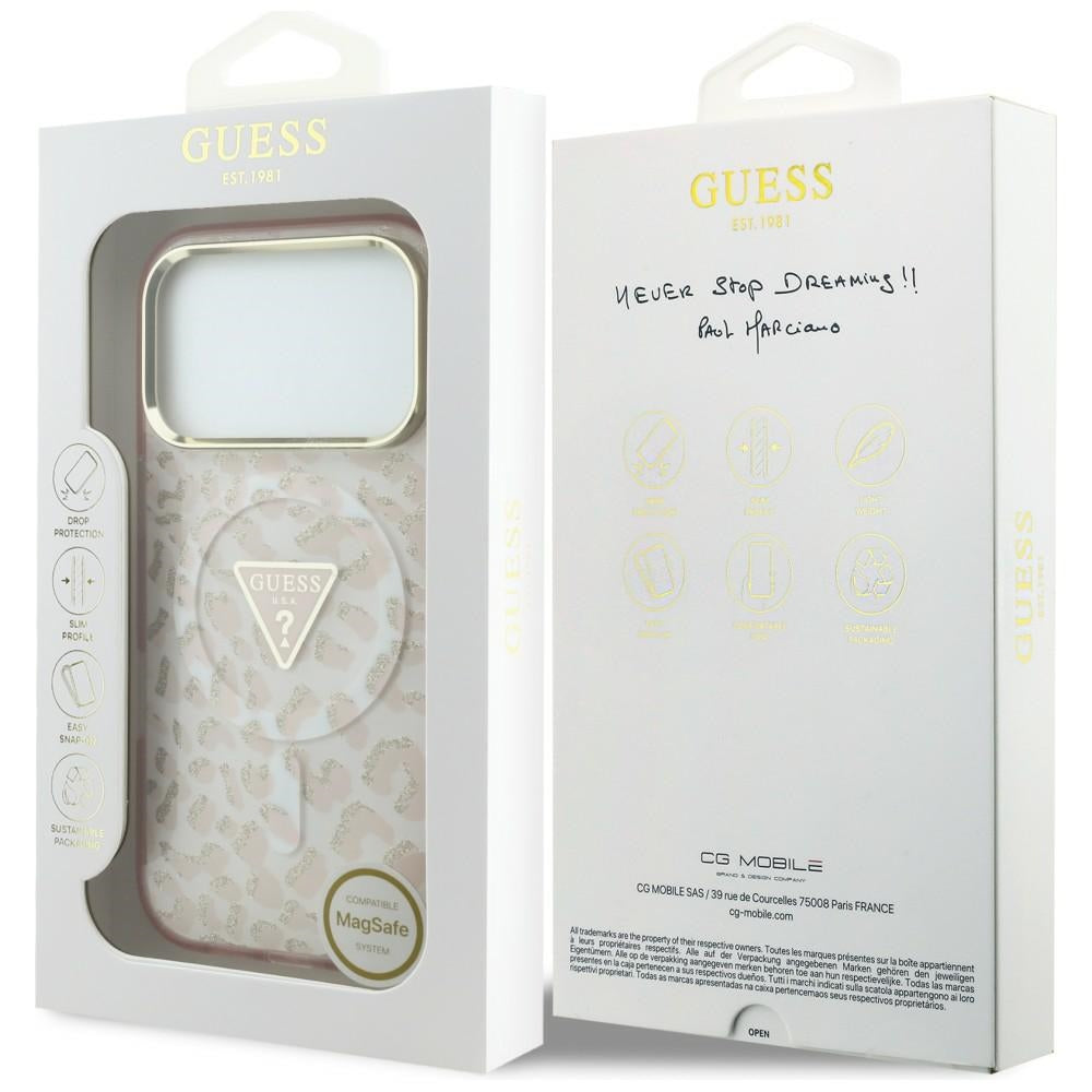 Coque MagSafe pour Apple iPhone 18 Pro Max / 17 Pro Max, Guess, Logo Triangle Paillettes Léopard, Rose