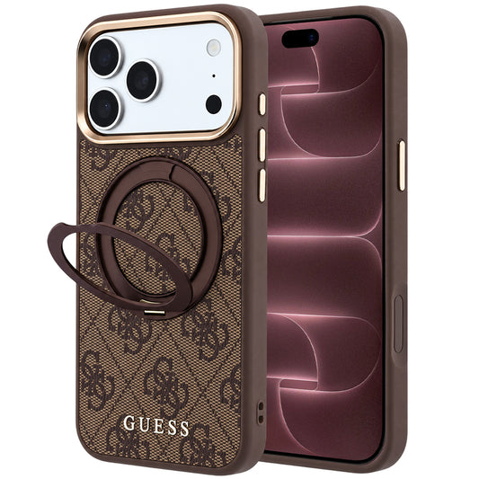 Coque MagSafe pour Apple iPhone 18 Pro Max / 17 Pro Max, Guess, Support Anneau 360 4G Logo Classique, Marron