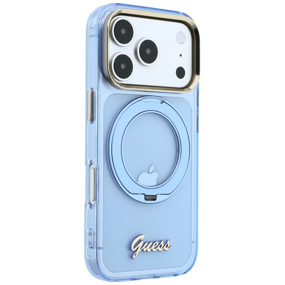 MagSafe-Hülle für Apple iPhone 18 Pro Max / 17 Pro Max, Guess, Ring Stand Script Metall-Logo, Blau