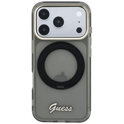 MagSafe-Hülle für Apple iPhone 18 Pro Max / 17 Pro Max, Guess, Ring Stand Script Metall-Logo, Schwarz