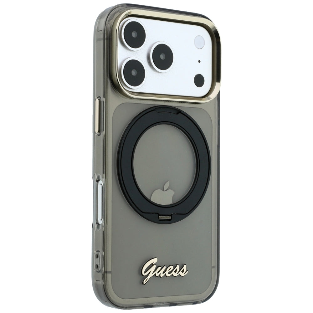 MagSafe-Hülle für Apple iPhone 18 Pro Max / 17 Pro Max, Guess, Ring Stand Script Metall-Logo, Schwarz