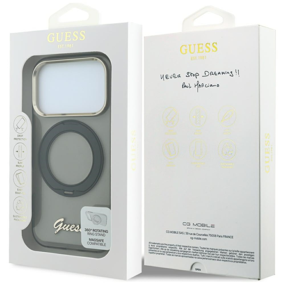 MagSafe-Hülle für Apple iPhone 18 Pro Max / 17 Pro Max, Guess, Ring Stand Script Metall-Logo, Schwarz