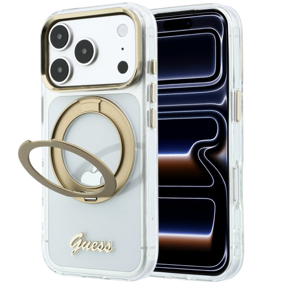MagSafe-Hülle für Apple iPhone 18 Pro Max / 17 Pro Max, Guess, Ring Stand Script Metall-Logo, Transparent