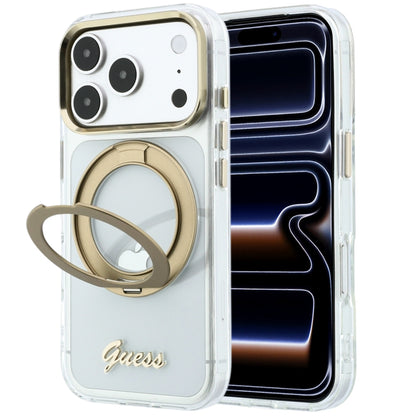 MagSafe-Hülle für Apple iPhone 18 Pro Max / 17 Pro Max, Guess, Ring Stand Script Metall-Logo, Transparent