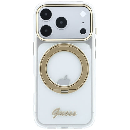 MagSafe-Hülle für Apple iPhone 18 Pro Max / 17 Pro Max, Guess, Ring Stand Script Metall-Logo, Transparent