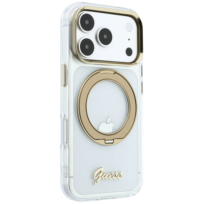 MagSafe-Hülle für Apple iPhone 18 Pro Max / 17 Pro Max, Guess, Ring Stand Script Metall-Logo, Transparent