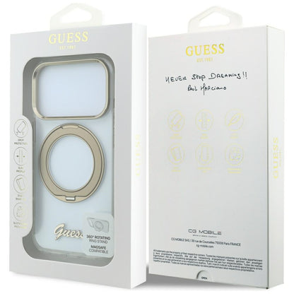 MagSafe-Hülle für Apple iPhone 18 Pro Max / 17 Pro Max, Guess, Ring Stand Script Metall-Logo, Transparent
