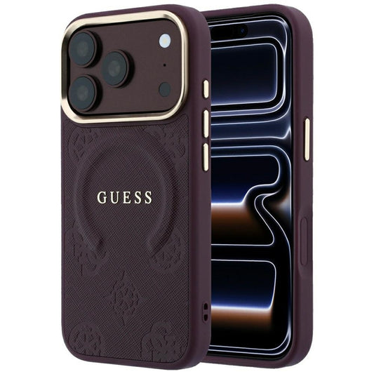 Coque MagSafe pour Apple iPhone 18 Pro Max / 17 Pro Max, Guess, Saffiano Peony Ring, Bordeaux
