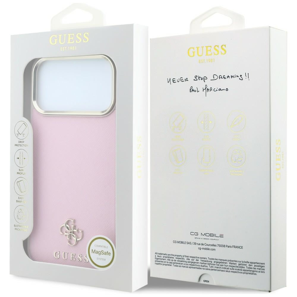 Coque MagSafe pour Apple iPhone 18 Pro Max / 17 Pro Max, Guess, Saffiano Small 4G Classic, Rose