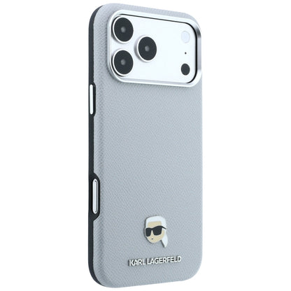 Coque MagSafe pour Apple iPhone 18 Pro Max / 17 Pro Max, Karl Lagerfeld, Métal Tête Karl Grainé, Gris