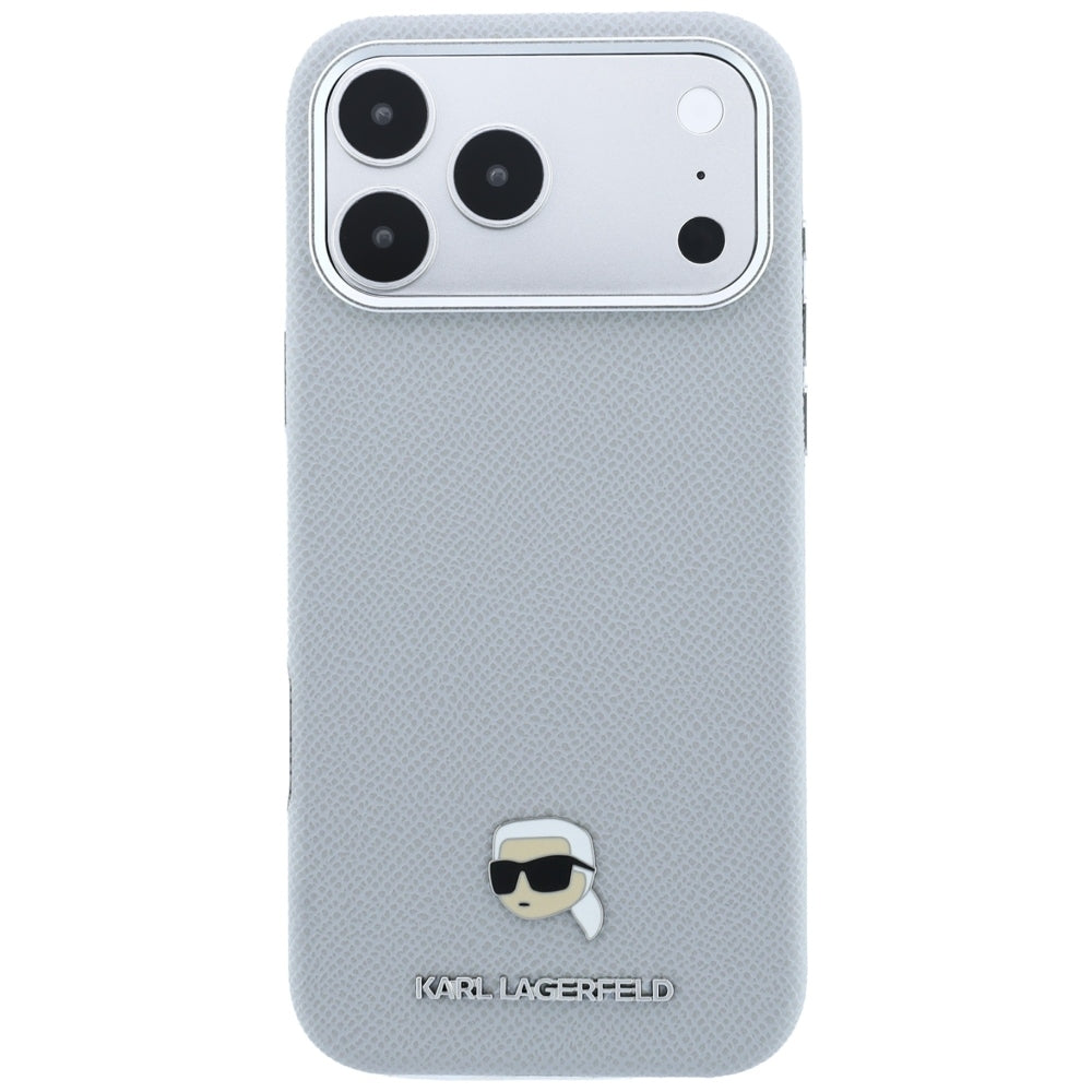 Coque MagSafe pour Apple iPhone 18 Pro Max / 17 Pro Max, Karl Lagerfeld, Métal Tête Karl Grainé, Gris
