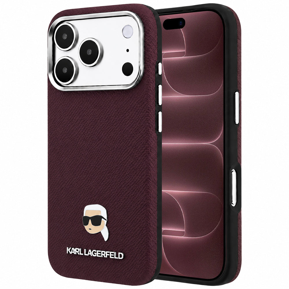 Coque MagSafe pour Apple iPhone 18 Pro Max / 17 Pro Max, Karl Lagerfeld, Métal Grainé Tête de Karl, Bordeaux