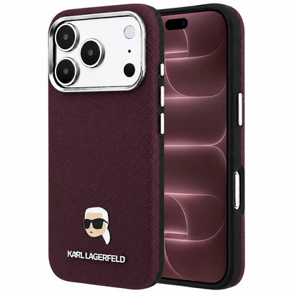 Coque MagSafe pour Apple iPhone 18 Pro Max / 17 Pro Max, Karl Lagerfeld, Métal Grainé Tête de Karl, Bordeaux