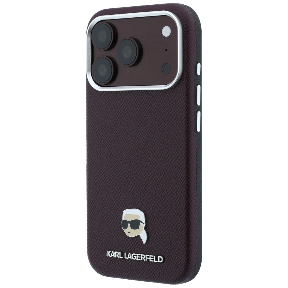 Coque MagSafe pour Apple iPhone 18 Pro Max / 17 Pro Max, Karl Lagerfeld, Métal Grainé Tête de Karl, Bordeaux