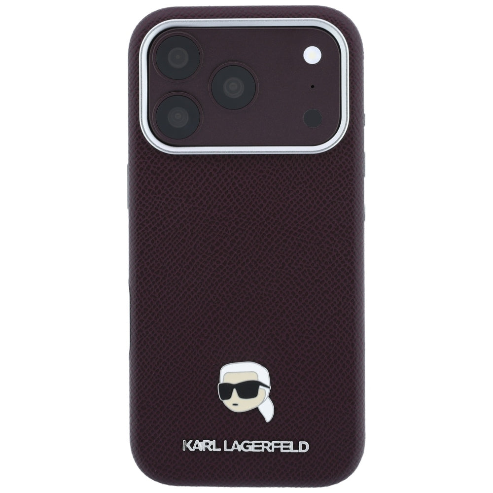 Coque MagSafe pour Apple iPhone 18 Pro Max / 17 Pro Max, Karl Lagerfeld, Métal Grainé Tête de Karl, Bordeaux