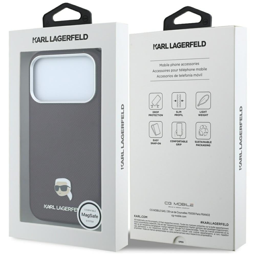 Coque MagSafe pour Apple iPhone 18 Pro Max / 17 Pro Max, Karl Lagerfeld, Métal Grainé Tête de Karl, Bordeaux