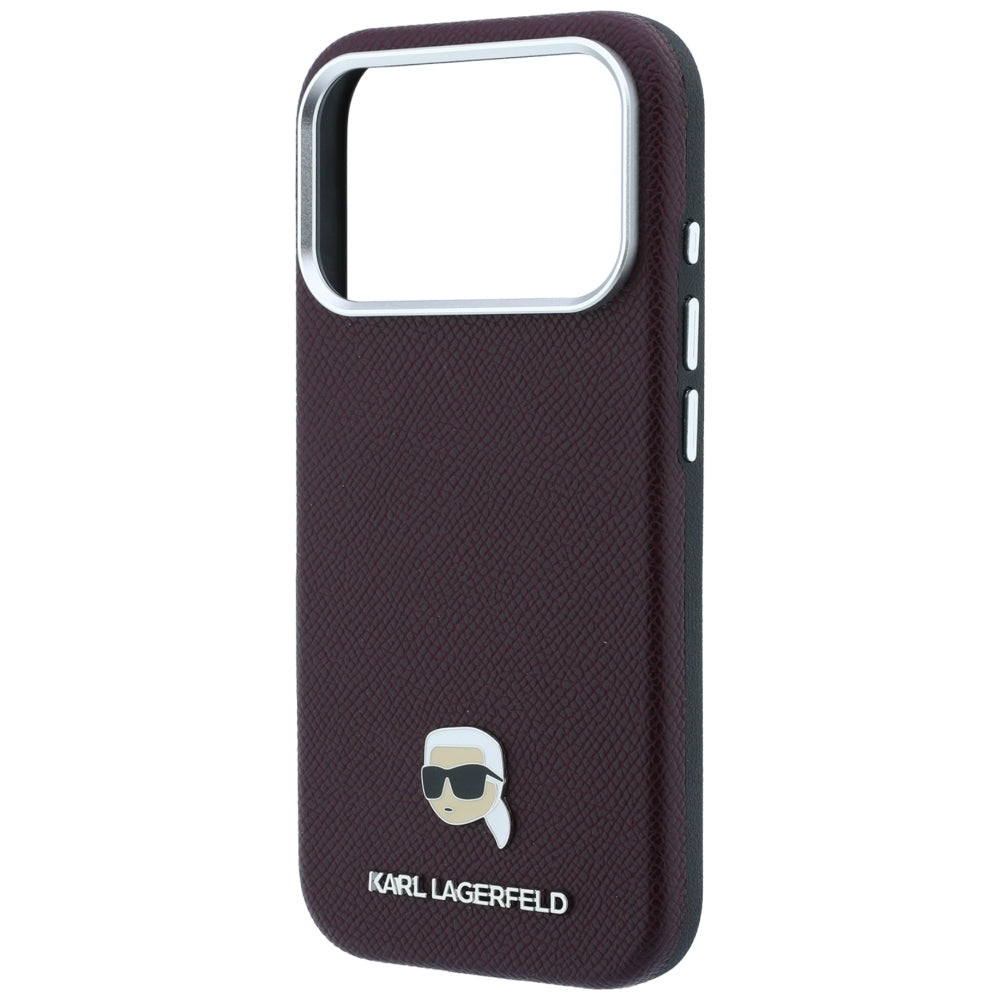 Coque MagSafe pour Apple iPhone 18 Pro Max / 17 Pro Max, Karl Lagerfeld, Métal Grainé Tête de Karl, Bordeaux