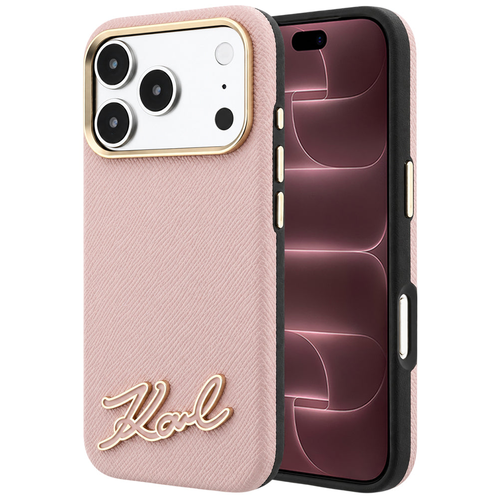 Coque MagSafe pour Apple iPhone 18 Pro Max / 17 Pro Max, Karl Lagerfeld, logo en résine grainée, rose