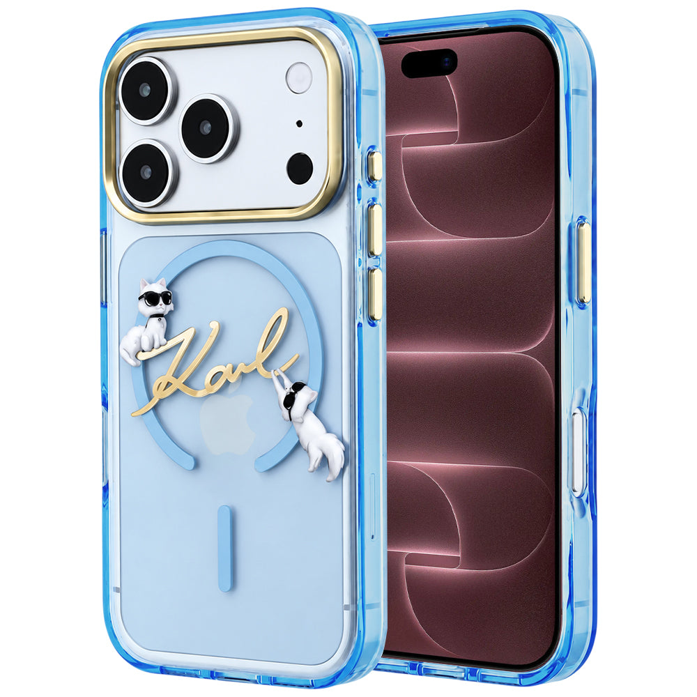Coque MagSafe pour Apple iPhone 18 Pro Max / 17 Pro Max, Karl Lagerfeld, IML Choupette Karl Script Logo, Bleu
