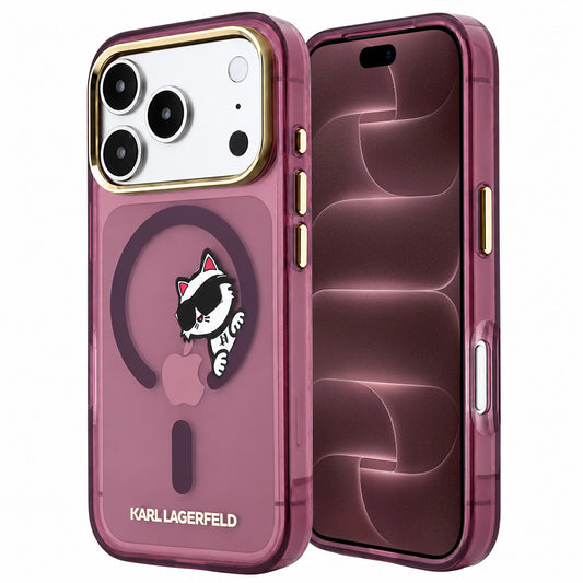 Coque MagSafe pour Apple iPhone 18 Pro Max / 17 Pro Max, Karl Lagerfeld, IML Peekaboo Print et Cadre Métallique, Bordeaux