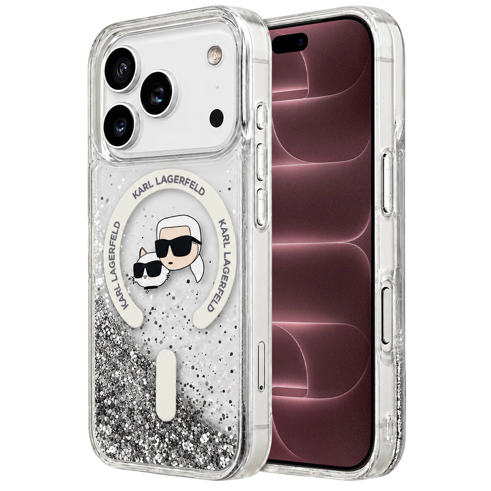 MagSafe-Hülle für Apple iPhone 18 Pro Max / 17 Pro Max, Karl Lagerfeld, Liquid Glitter Karl & Choupette Head's, Transparent