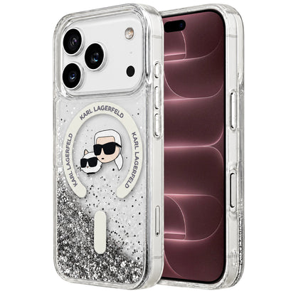 MagSafe-Hülle für Apple iPhone 18 Pro Max / 17 Pro Max, Karl Lagerfeld, Liquid Glitter Karl & Choupette Head's, Transparent