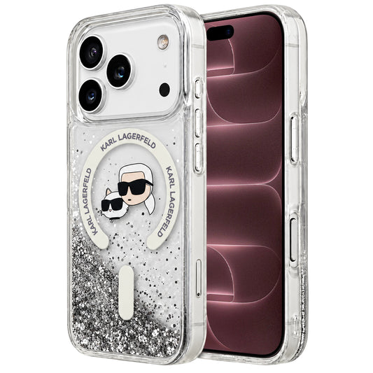 MagSafe-Hülle für Apple iPhone 18 Pro Max / 17 Pro Max, Karl Lagerfeld, Liquid Glitter Karl & Choupette Head's, Transparent