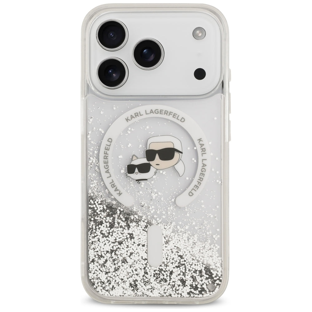 MagSafe-Hülle für Apple iPhone 18 Pro Max / 17 Pro Max, Karl Lagerfeld, Liquid Glitter Karl & Choupette Head's, Transparent