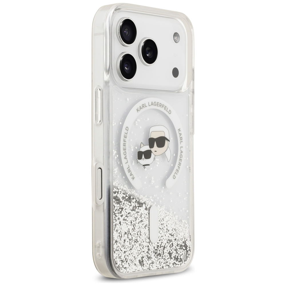 MagSafe-Hülle für Apple iPhone 18 Pro Max / 17 Pro Max, Karl Lagerfeld, Liquid Glitter Karl & Choupette Head's, Transparent