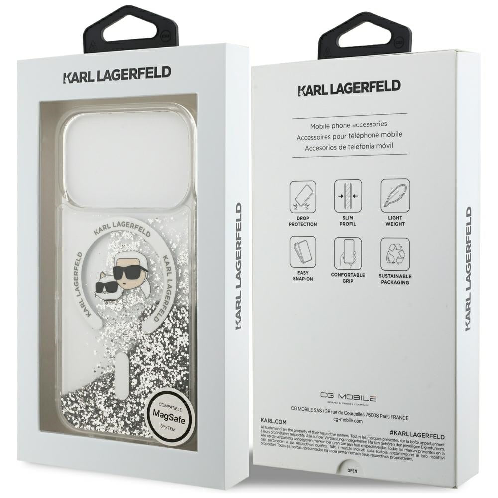 MagSafe-Hülle für Apple iPhone 18 Pro Max / 17 Pro Max, Karl Lagerfeld, Liquid Glitter Karl & Choupette Head's, Transparent