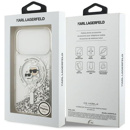 MagSafe-Hülle für Apple iPhone 18 Pro Max / 17 Pro Max, Karl Lagerfeld, Liquid Glitter Karl & Choupette Head's, Transparent