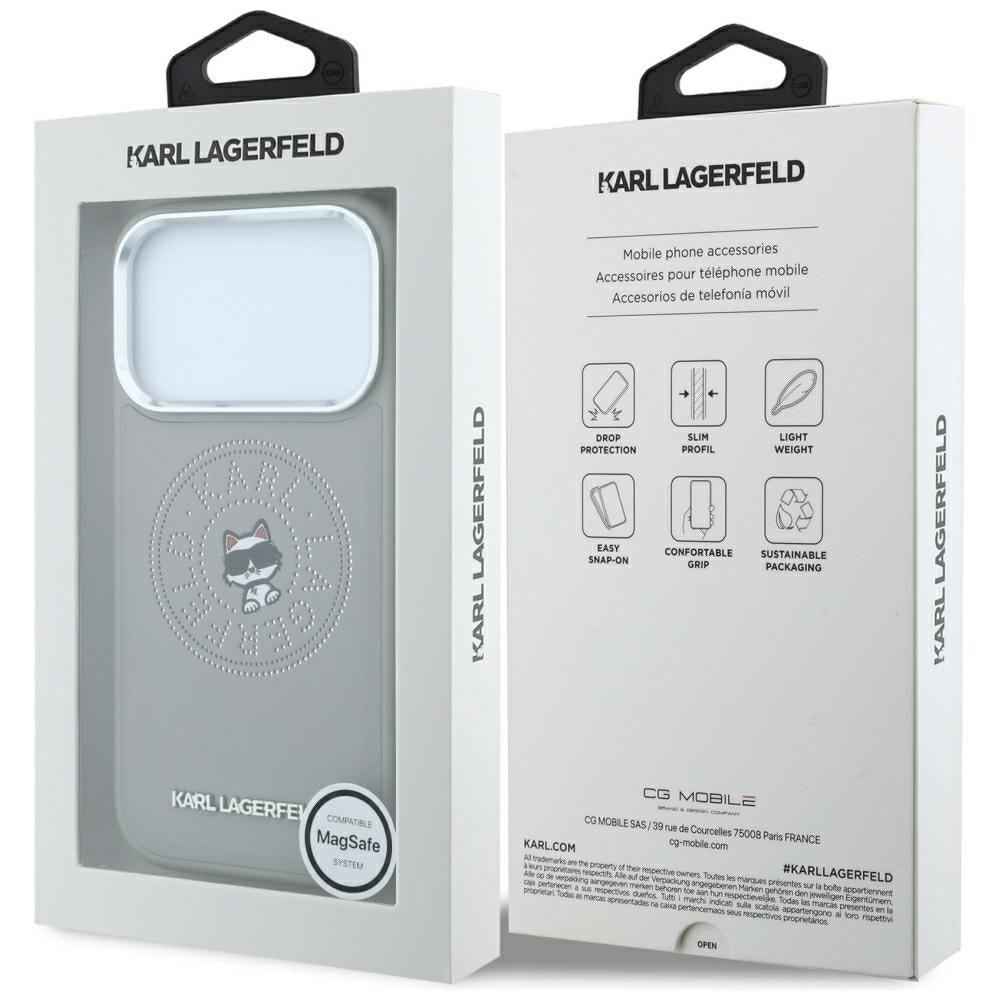Coque MagSafe pour Apple iPhone 18 Pro Max / 17 Pro Max, Karl Lagerfeld, Point and Choupette Sketch, Gris